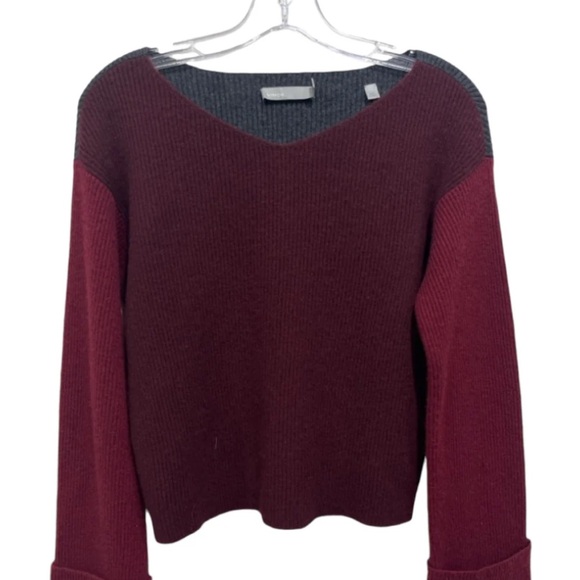 VINCE Cashmere burgundy and gray color block rounded v neck sweater - Picture 1 of 5